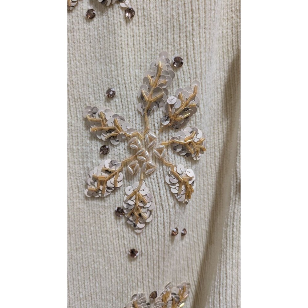 VTG J Two New York Womens Cardigan XXL Cream Faux Fur Collar Sequins Snowflakes - Picture 3 of 13